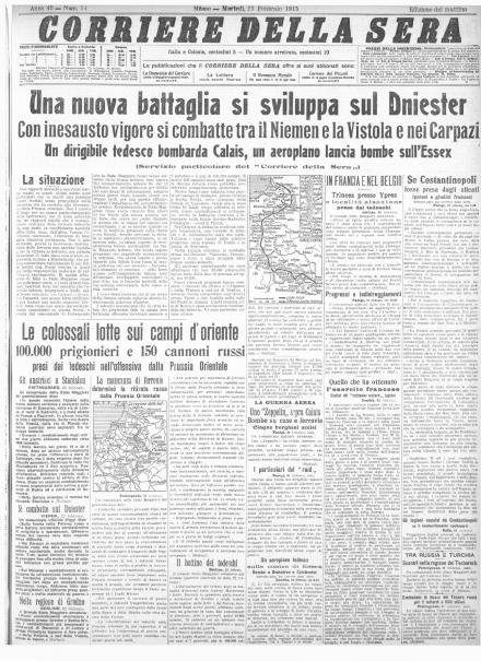 La prima pagina del Corriere della Sera del 23 febbraio 1915