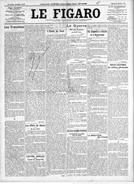 La prima pagina di Le Figaro del 23 febbraio 1915
