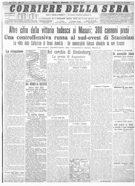 La prima pagina del Corriere della Sera del 24 febbraio 1915