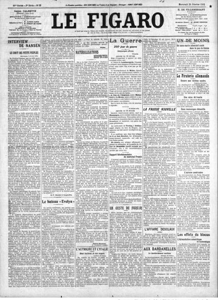 La prima pagina di Le Figaro del 24 febbraio 1915
