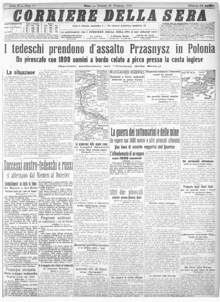 La prima pagina del Corriere della Sera del 26 febbraio 1915