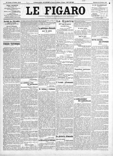 La prima pagina di Le Figaro del 26 febbraio 1915