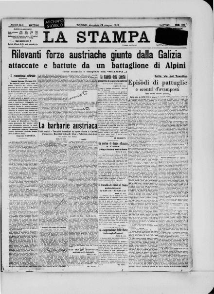 La prima pagina de La Stampa del 23 giugno 1915