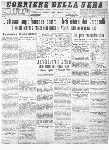 La prima pagina del Corriere della Sera dell'1 marzo 1915