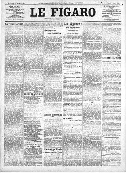 La prima pagina di Le Figaro dell'1 marzo 1915