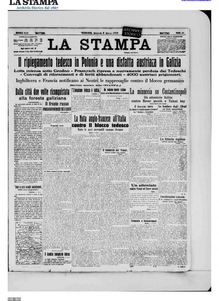 La prima pagina de La Stampa del 2 marzo 1915