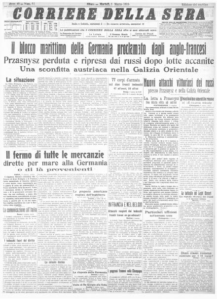 La prima pagina del Corriere della Sera del 2 marzo 1915