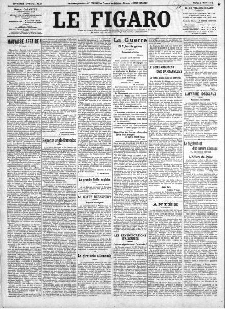 La prima pagina di Le Figaro del 2 marzo 1915