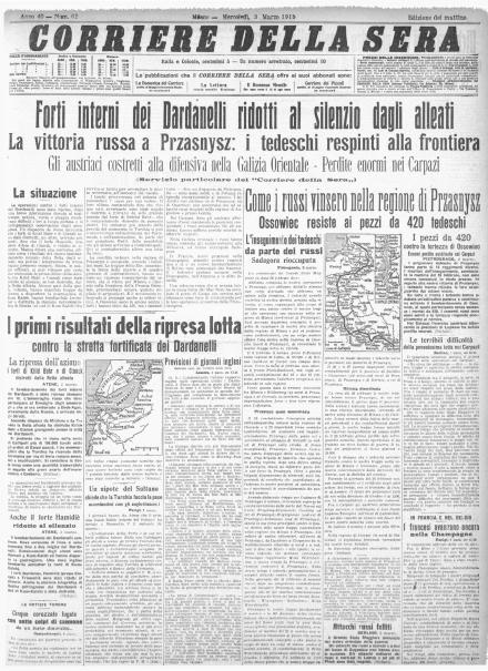 La prima pagina del Corriere della Sera del 3 marzo 1915