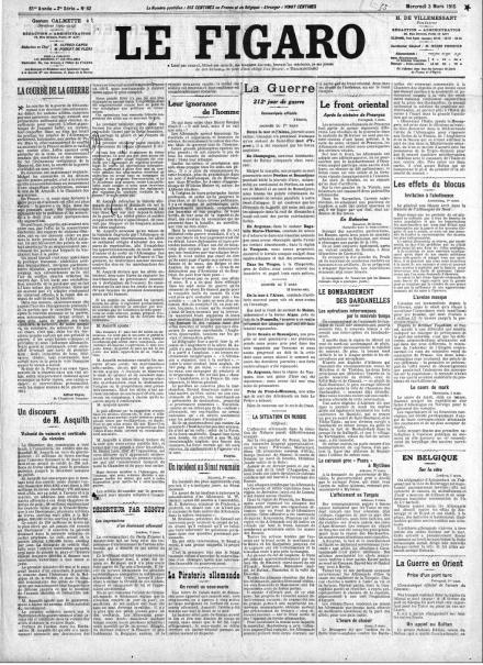 La prima pagina di Le Figaro del 3 marzo 1915
