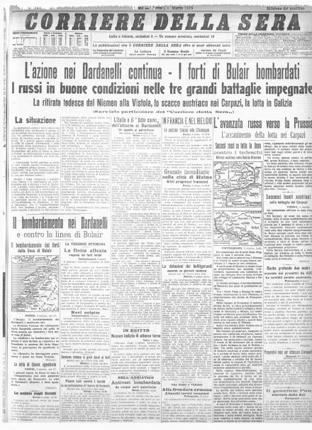 La prima pagina del Corriere della Sera del 4 marzo 1915