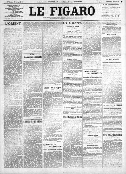 La prima pagina di Le Figaro del 5 marzo 1915