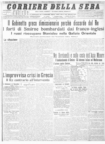 La prima pagina del Corriere della Sera del 7 marzo 1915
