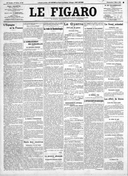 La prima pagina di Le Figaro del 7 marzo 1915