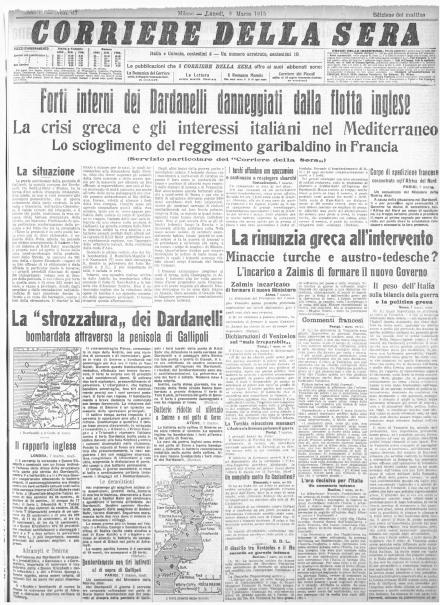 La prima pagina del Corriere della Sera dell'8 marzo 1915