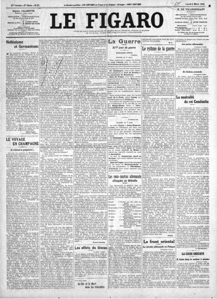 La prima pagina di Le Figaro dell'8 marzo 1915