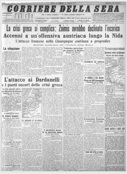 La prima pagina del Corriere della Sera del 9 marzo 1915