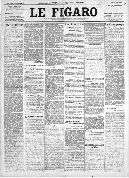 La prima pagina di Le Figaro del 9 marzo 1915