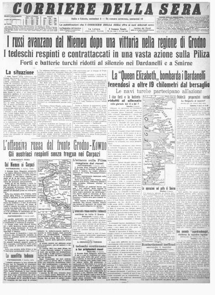 La prima pagina del Corriere della Sera del 10 marzo 1915