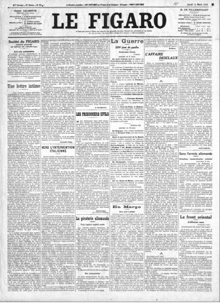 La prima pagina di Le Figaro dell'11 marzo 1915