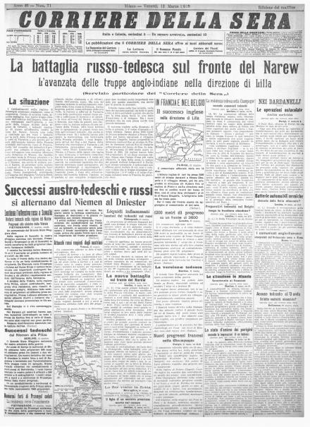 La prima pagina del Corriere della Sera del 12 marzo 1915