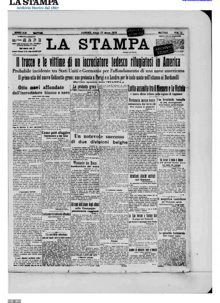 La prima pagina de La Stampa del 13 marzo 1915