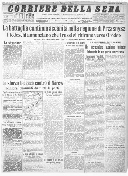 La prima pagina del Corriere della Sera del 13 marzo 1915