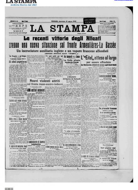 La prima pagina de La Stampa del 14 marzo 1915