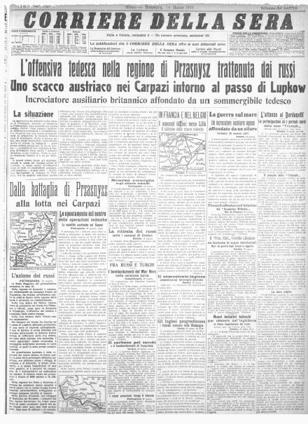 La prima pagina del Corriere della Sera del 14 marzo 1915