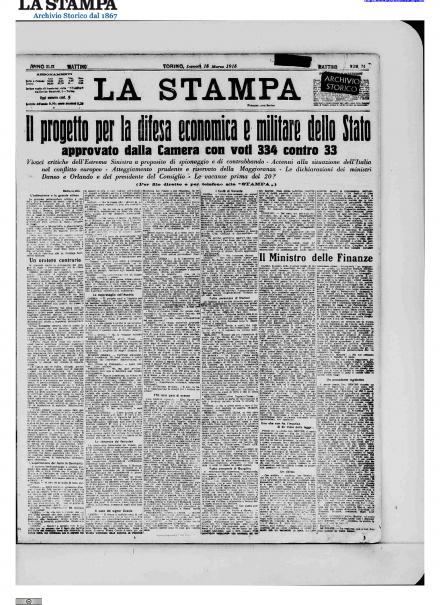 La prima pagina su La Stampa del 15 marzo 1915