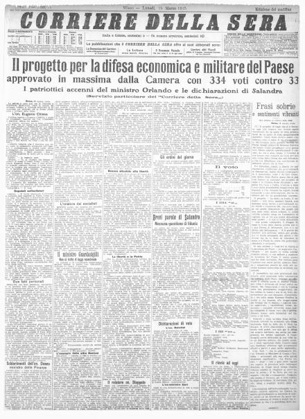 La prima pagina sul Corriere della Sera del 15 marzo 1915