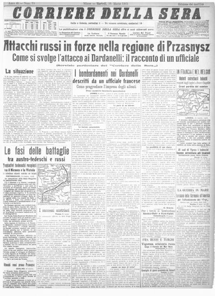 La prima pagina del Corriere della Sera del 16 marzo 1915