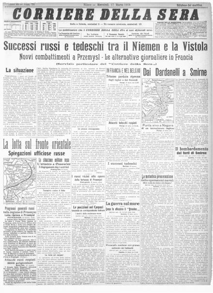 La prima pagina del Corriere della Sera del 17 marzo 1915
