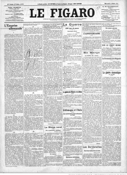 La prima pagina di Le Figaro del 17 marzo 1915