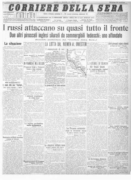La prima pagina del Corriere della Sera del 18 marzo 1915