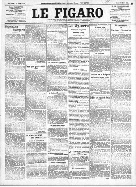 La prima pagina di Le Figaro del 18 marzo 1915