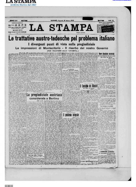 La prima pagina de La Stampa del 19 marzo 1915
