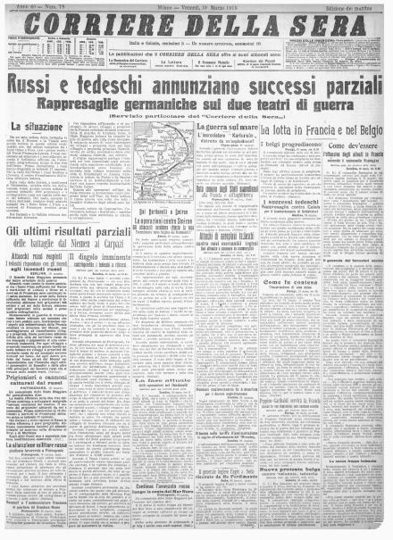 La prima pagina del Corriere della Sera del 19 marzo 1915