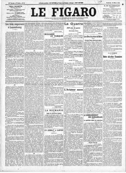 La prima pagina di Le Figaro del 19 marzo 1915
