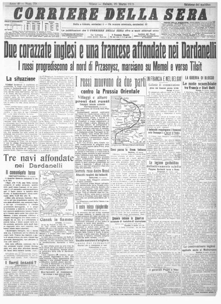 La prima pagina del Corriere della Sera del 20 marzo 1915