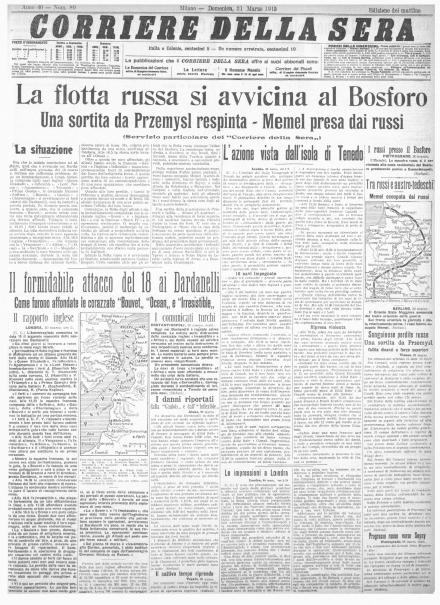 La prima pagina del Corriere della Sera del 21 marzo 1915