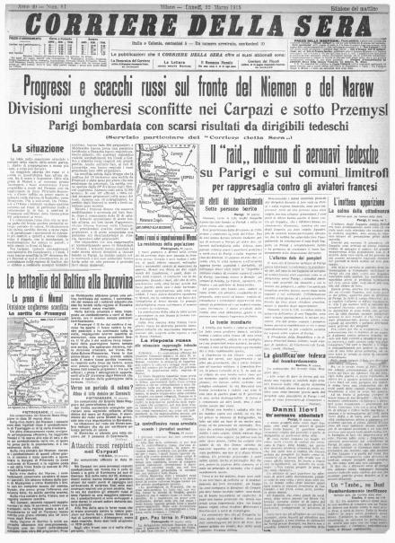 La prima pagina del Corriere della Sera del 22 marzo 1915