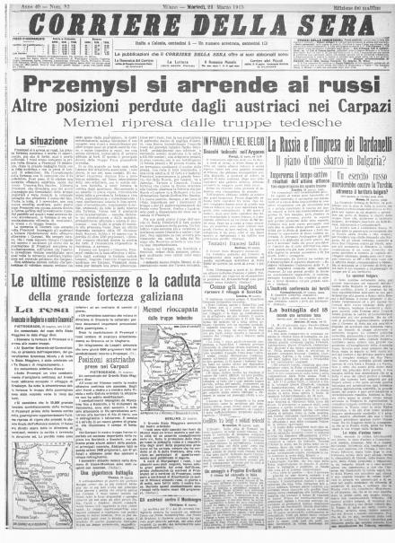 La prima pagina del Corriere della Sera del 23 marzo 1915