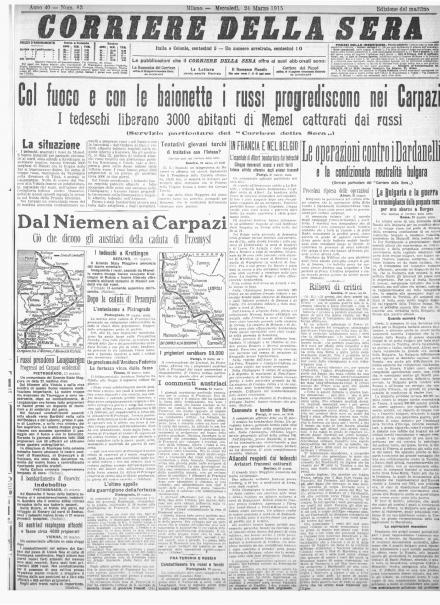 La prima pagina del Corriere della Sera del 24 marzo 1915