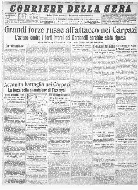 La prima pagina del Corriere della Sera del 25 marzo 1915