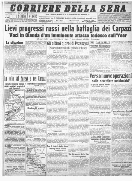 La prima pagina del Corriere della Sera del 26 marzo 1915