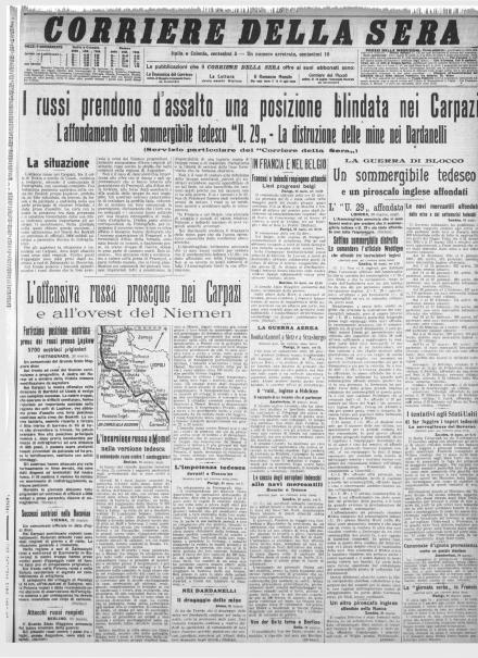 La prima pagina del Corriere della Sera del 27 marzo 1915
