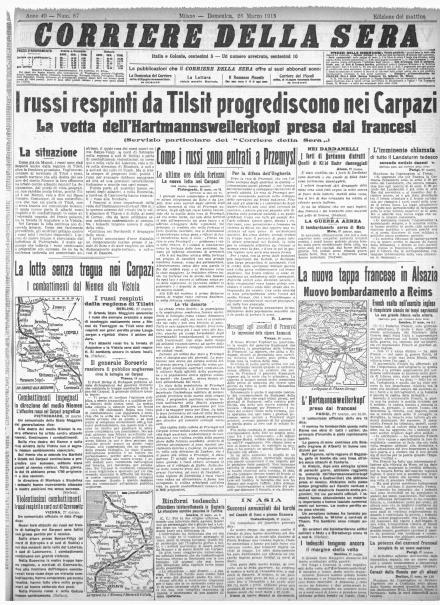 La prima pagina del Corriere della Sera del 28 marzo 1915