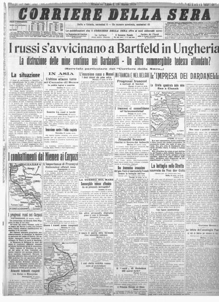 La prima pagina del Corriere della Sera del 29 marzo 1915