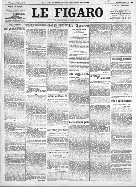 La prima pagina di Le Figaro del 29 marzo 1915